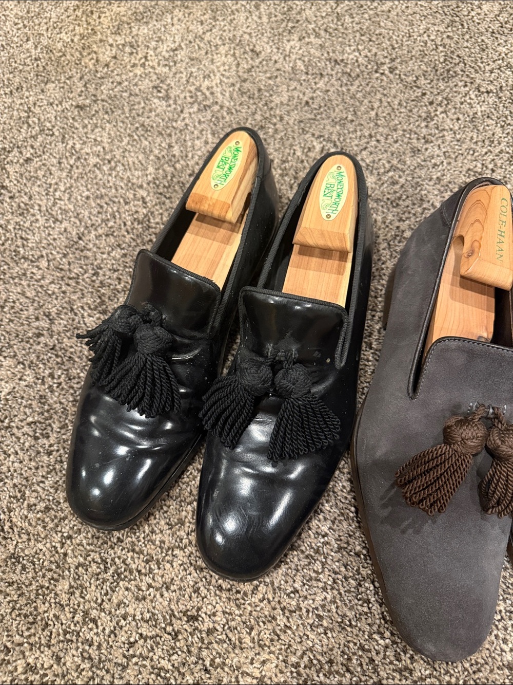Jimmy Choo Black Leather Tassel Loafers with Brown Suede Pair